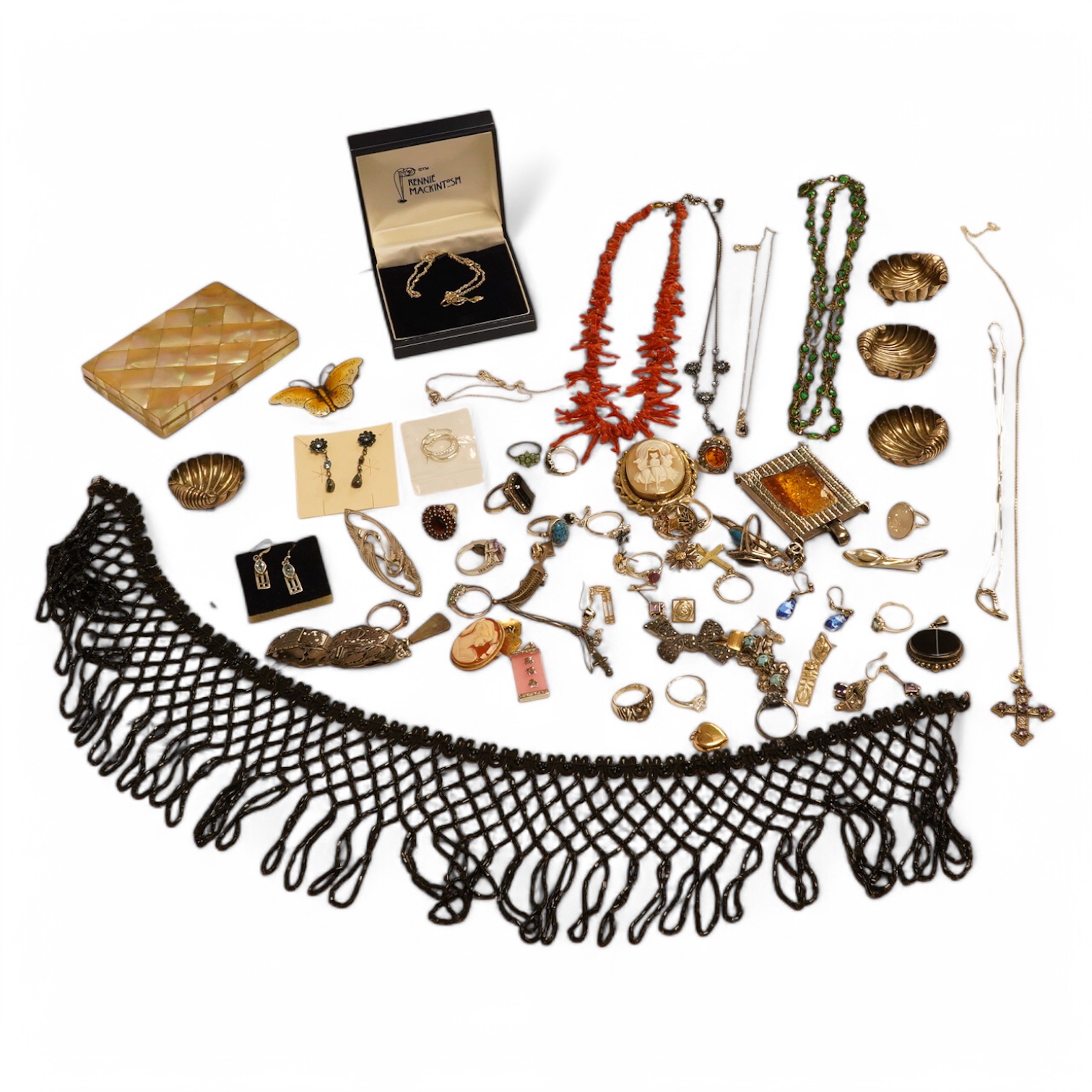 A mixed collection of silver, jewellery and other items including a Norwegian sterling and enamel butterfly brooch, width 61mm, a set of late Victorian shell salts, 925 pendants and rings, brooches, mother of pearl card